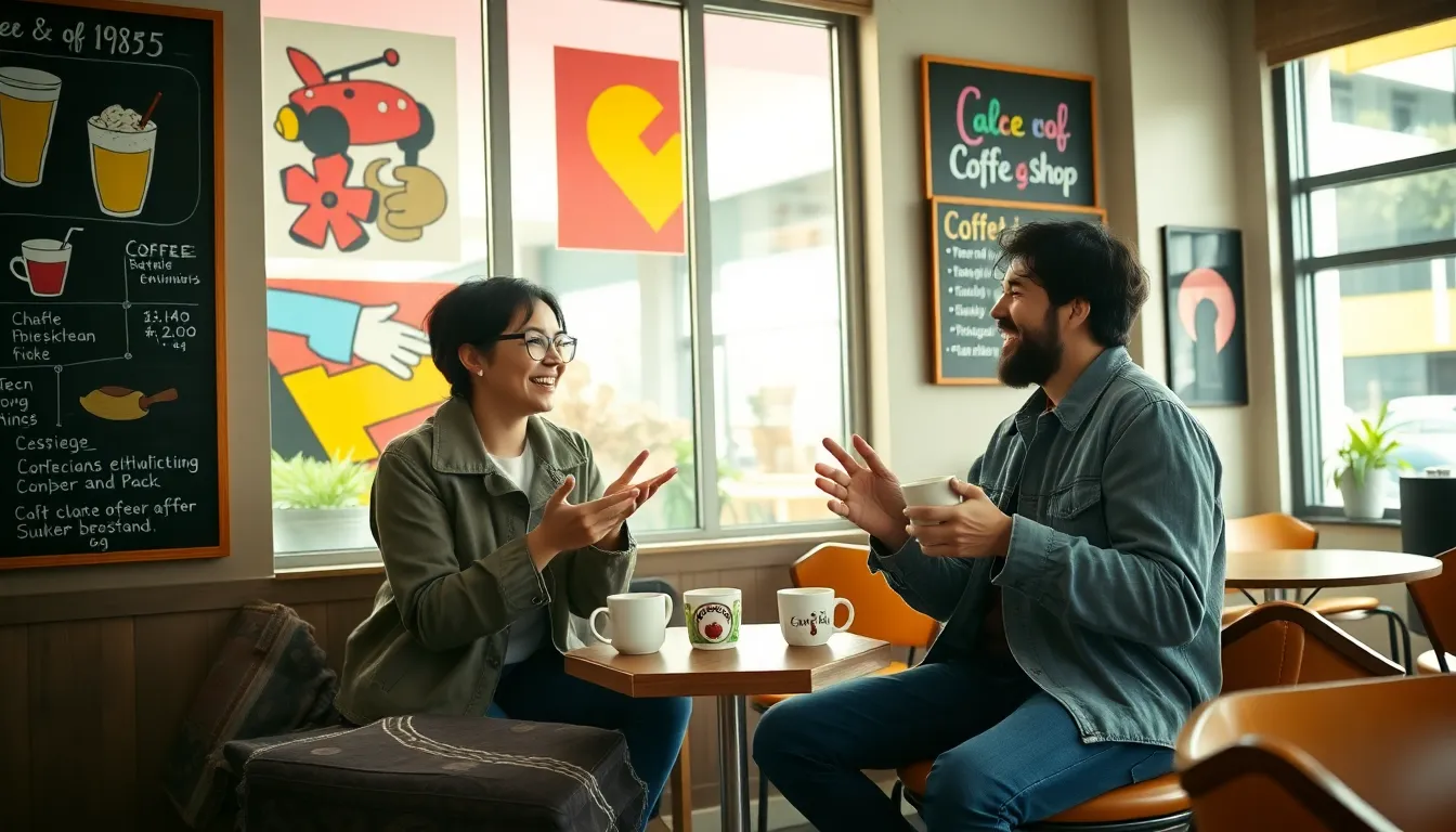 couple enjoying coffee and conversation in a vibrant 1985 coffee shop.